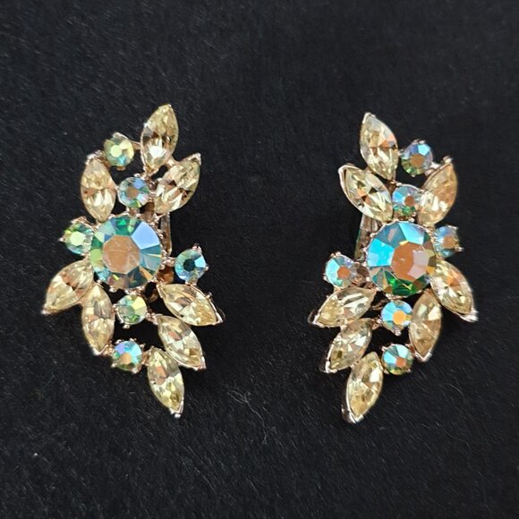 Bold Yellow & Aurora Borealis Rhinestone Floral Earrings – Statement Sparkle - Picture 8 of 10